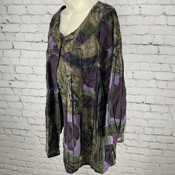 NWT Tantrums Green & Purple Rose Pleated Wood Buttoned 3/4 Sleeve Blouse Size 1X - Picture 13 of 14
